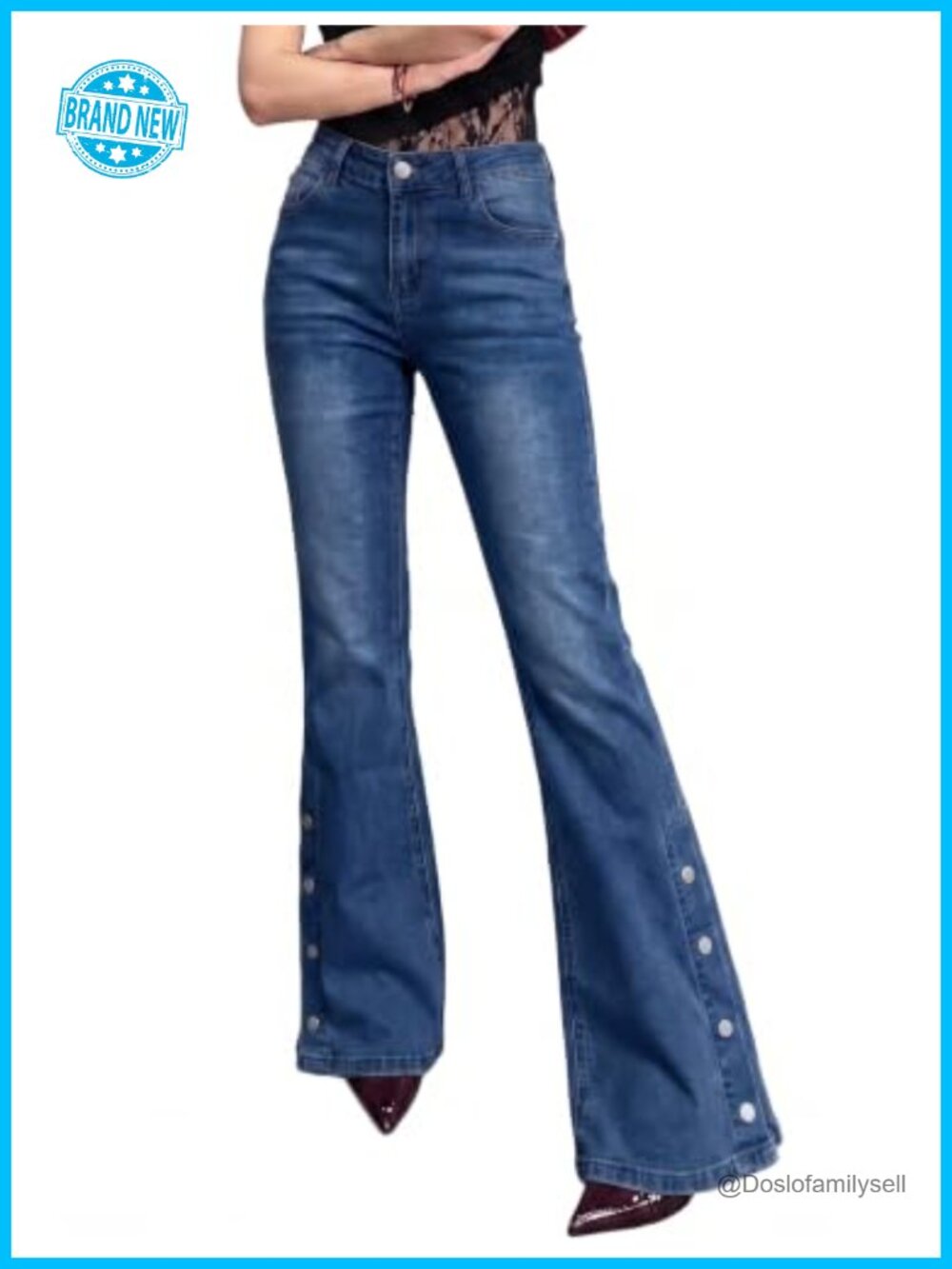 Stretchy Denim Flare Jeans Mid Rise Bell Bottom Womens Trendy Retro